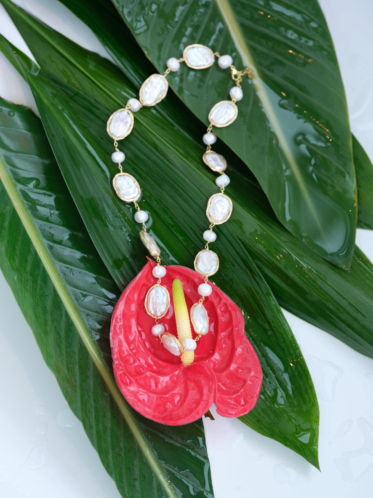 Saltlight Rhythm Necklace from an alternate angle showing the airy pearl spacing
