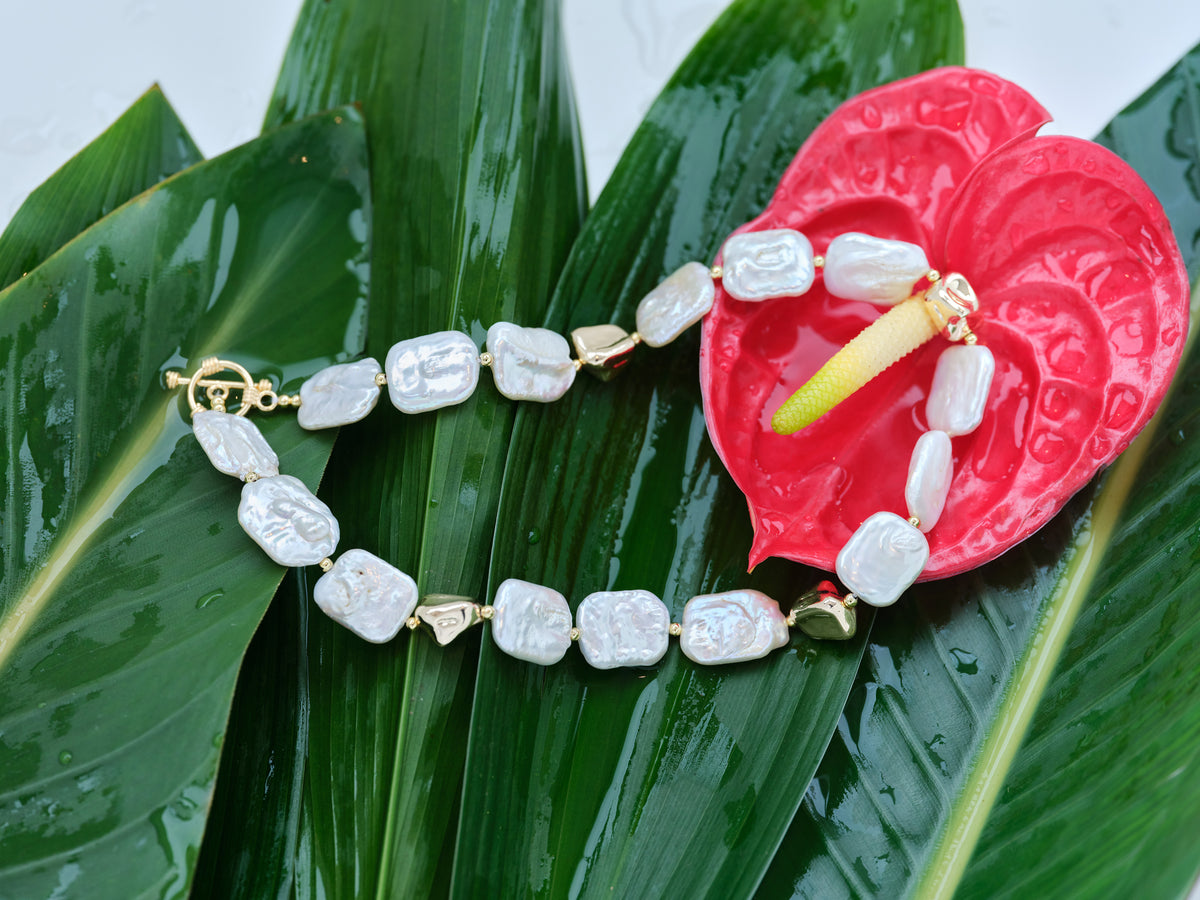 Tidal Mosaic Necklace with natural freshwater pearls and silver-plated copper, full view
