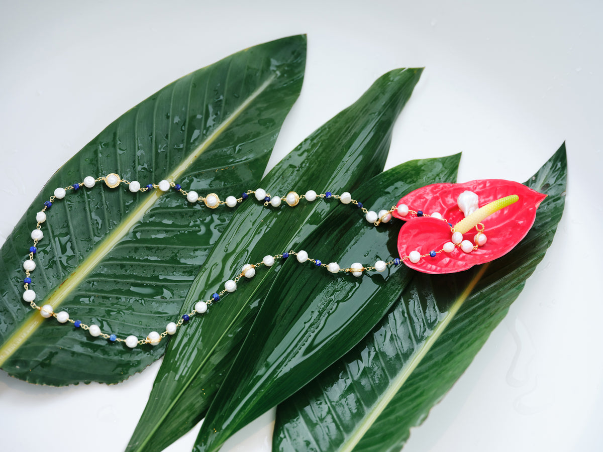 Chromatic Tide Necklace with mixed freshwater pearls, lapis lazuli and a large baroque pearl focal, full view