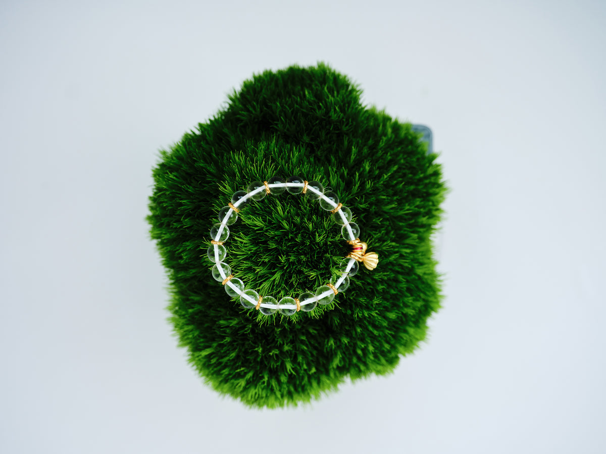 Lotus Root Bond Bracelet with clear crystal beads and a gold-toned lotus root charm on green moss.